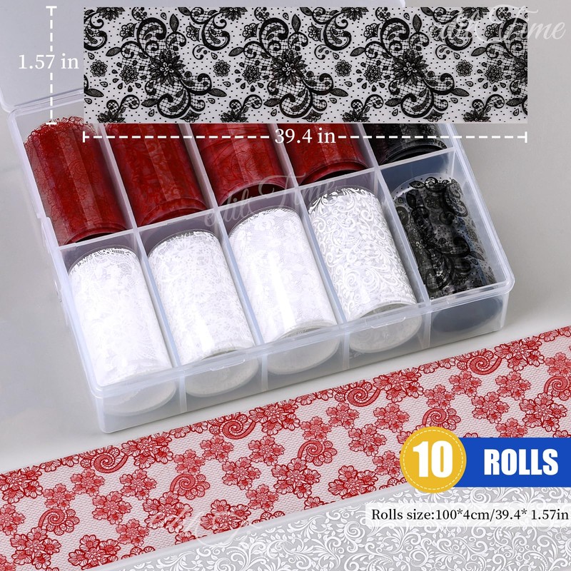 Lace Nail Foil Transfer Sheets, 10 Rolls Black White Red