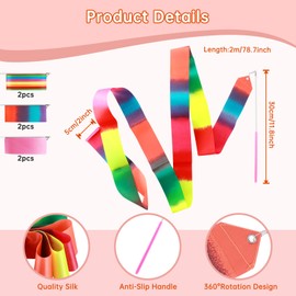 ZHXGO Pack of 6 Children's Rhythmic Sports Gymnastics Band, Dance Bands, 2 m Dance Band, Gymnastics Band with Swirling Bar, Children's Rainbow Band, Rainbow Colours, Gymnastics Streamer for Training