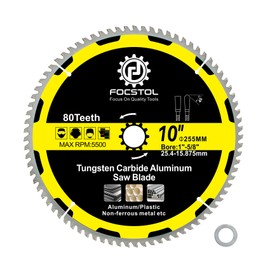 10 Inch Aluminum Cutting Circular Saw Blade - FOCSTOL 80 Tooth TCG Non-Ferrous Metal Cutting Blade with 1 Inch Arbor for Cutting Aluminum Non-Ferrous Metals Plastic