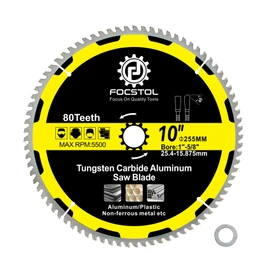 10 Inch Aluminum Cutting Circular Saw Blade - FOCSTOL 80 Tooth TCG Non-Ferrous Metal Cutting Blade with 1 Inch Arbor for Cutting Aluminum Non-Ferrous Metals Plastic