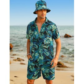 EISHOPEER Men's Hawaiian Shirt and Short 2 Piece Outfits Sets Casual Button Down Floral Hawaii Shirts Suits with Bucket Hats Geen Leaf X-Large