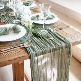 UIYIHIF 90 x 400 cm Sage Green Cheesecloth Table Runner, Long, Rustic Gauze Table Runner, Romantic, Semi-Transparent Fabric Tablecloth for Boho Decorations, Weddings, Decorations, Birthday Parties