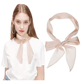 JK Home Women Long Satin Scarf Neckties Choker Solid Color Narrow Thin Silk Scarves Self-Tie Bow Waistband Hair Band Headbands Neckerchief Ribbon Tie Chiffon Scarf Belt for Bag Hair Apricot