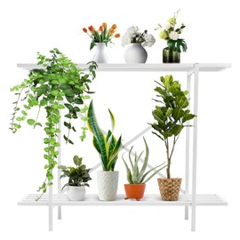 Metal Plant Stand 2 Tier Potted Multiple Flower Pot Holder Plant Shelf Indoor and Outdoor,L35 xW 8.6 x H30 inch,Heavy Duty Planter Display Shelving Unit for Patio Garden Corner(White - Without Pulley)