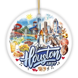 Artistic Houston Ceramic Ornament, Texas Souvenir with Vintage City Elements and Space Shuttle (Circle)