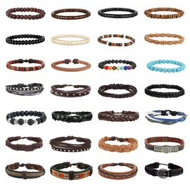 Milacolato 28Pcs Braided Leather Bracelet for Men Women Wooden Bracelet Tree of Life Bracelet Beaded Cuff Wrap Bracelet Adjustable