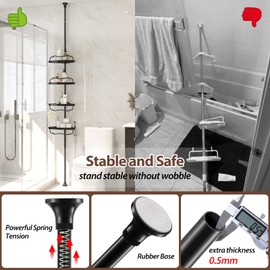Corner Shower Caddy Tension Pole - Heavy Duty Floor to Ceiling Shower Organizer Tension Pole with 4 Shelves,54"-114” Adjustable Rustproof Stand Rack for Bathtub,Bathroom,Dorm,RV - Black