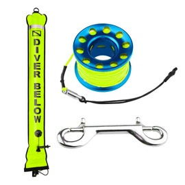4ft Yellow Scuba Diving Open Bottom Surface Marker Buoy (SMB) with 49ft Finger Spool Alloy Dive Reel and Double Ended Bolt Clip - Blue