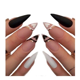 SINLOV 24pcs Oval Almond Full Cover Fake Nails White Black Long French Matter False Nails Love Heart False Nail Stick on Nails for Women and Girls