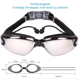 HSTWODE Optical Swimming Goggles with Prescription One-Piece Swimming Goggles with Earplugs, Dioptres: -1.5 to -8.0, Anti-Fog UV Protection, Free Beautiful Box (Black, Plated -5)