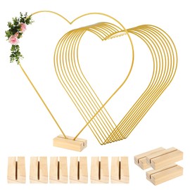 IGTOPS Pack of 10 30 cm Heart Metal Flower Hoops with 10 Hexagon Wooden Stands, Metal Wreath Ring, Gold Metal Decorative Rings with Wooden Stand, for DIY Wedding Table Wreath Decoration and Macrame