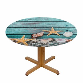 YINRON Starfish Round Tablecloth Seashell Fishing Net Painted Rustic Blue Wooden Boards Table Cover Table Cloth For Indoor Dining, Outdoor Picnic Parties, Camping ,Fits For Table 40-44"