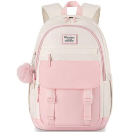 WINDARS School Backpack for Teen Girls, Cute College Backpacks for Women Students Aesthetic Bookbag Large 15.6 Inch Laptop Bag Middle School Travel Back Pack (Pink Beige)