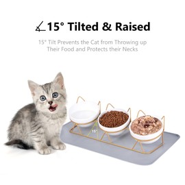 Trosetry Cat Bowls Set of 3, Ceramic Raised Cat Food Bowl with Pet Food Mat Elevated 15°Tilted Kitten Drink Bowl Gold Stand for Food and Water Anti Vomiting Dish for Indoor Cats Puppy and Small Dogs