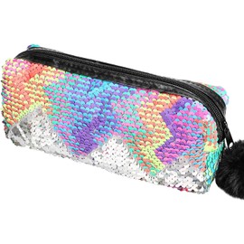 PHOGARY Sequin Preppy Pencil Case for Girls, Fluffy Zip Pull Pouch Bag Holographic Pen Case Sparkling School Stuff Shimmery Glitter Makeup Bag (Purple, Silver)