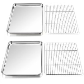 P&P CHEF 16 Inch Stainless Steel Baking Sheet with Rack Set (2 Pans+ 2 Racks), Cookie Sheets Pans Baking Trays and Cooling Wire Racks, Oven & Dishwasher Safe, Pans with Flat Racks