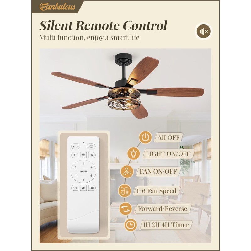 52 Inch Farmhouse Ceiling Fan with Light and Remote, Black