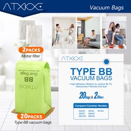 20 Pack Type BB Canister Bags Replacement Fit for Oreck XL Buster B Canister Vacuum bags PKBB12DW BB180 BB280 BB850 BB870 BB900 BB1000 MV160 with 2 Motor Filter