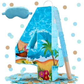 Blue Sea Number 4 Pinata, 16 Inch Hawaii Beach Theme Piñata for 4th Birthday Party Decorations with Stick, Blindfold and Confetti (Blue Sea 4 Pinata)