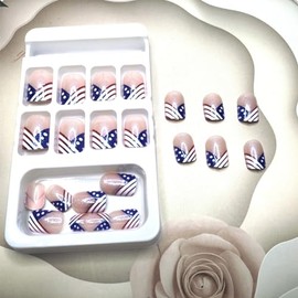 24pcs Independence Day Press on Nails Short Square American Flag Stick on Nails Fourth of July Fake Nails Full Cover Glitter False Nails for Patriotic Women Girl Nail Design