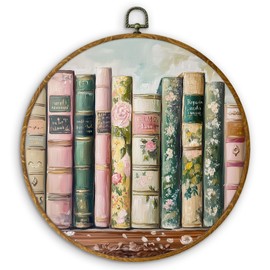 DILSJ Vintage Pastel Book Round Wall Art Decor, Book Lover Bookish Canvas Wall Art Framed, Bookworm Hanging Decorations for Reading Room Nook Corner Library Classroom, 10x10 Inch