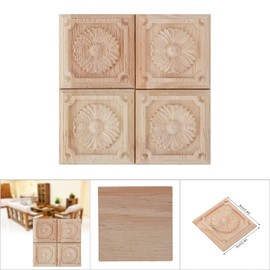 Wifehelper 4Pcs Carving Checkered Applique Unpainted Decal for Furniture Decoration Natural Wood Appliques Square Flower Carving Decals Decorative Wooden Craft 6x6cm(3#)