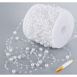 Adorfine Pearl Garland White 60 m Pearl Ribbon Pearl Necklace Decoration with Stainless Steel Scissors for Wedding and Party Decoration Birthday Christening Table Decoration DIY Crafts