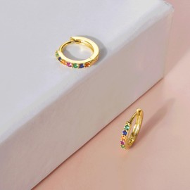 SILBERTALE 925 Sterling Silver Hoop Earrings Multicolored Cubic Zirconia Mini Huggie Hoops 14K Gold Plated Upper Ear Cartilage Helix Small Tiny Hoop Earrings, 7mm inner diameter, Cubic Zirconia
