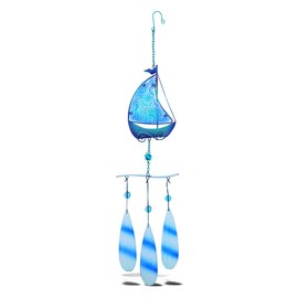 CoTa Global Blue Sailboat Hanging Sea Glass Wind Chime 27.36 Inch, Nautical Glass Windchime Outdoor Decor for a Harmonic Porch, Patio & Garden, Unique Beach Art Indoor Wind Chime Window Mobile