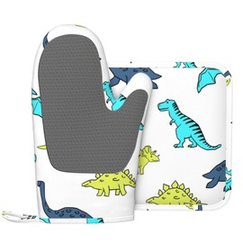 Indokyeyqaz Cartoon Cute Dinosaur Oven Mitts and Pot Holders Sets, Home Silicone Heat Resistant BBQ Gloves for Kitchen Baking Cooking Grilling Microwave