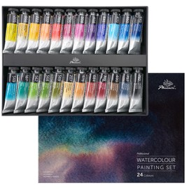 PHOENIX Professional Watercolor Paint Set - 24 Colors Half Pan Water Color Paint Palette with Tin Box, Portable Travel Watercolors for Adults, Artists