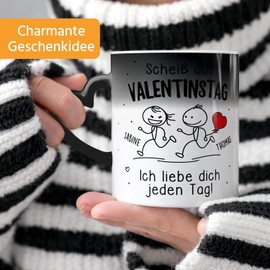 SpecialMe® Herzhenkel -Tasse Zaubertasse Liebe personalisiert mit Wunschnamen Spruch Scheiß auf Valentinstag Geschenkidee Ironie Schwarz standard