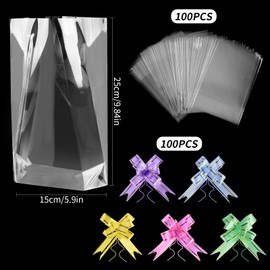 Pack of 100 Clear Cellophane Bags 15 x 25 cm Transparent Cellophane Bags Candy Bags with 100 Pull Sheets Clear Flat Cello Cellophane Bags for Sweet Gift Cupcake Party Favours