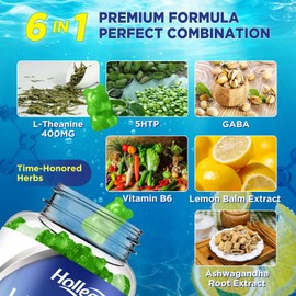 HOLLEGEND HOLLEGEND L-Theanine Gummies, l'theanine 400mg with Ashwagandha, GABA, 5HTP,L-Theanine Chewable Supplement for Relax, Zzz & Focus Support, Vegan, Lemon Flavor, 60 Counts