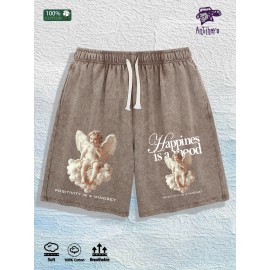 US Local Warehouse Direct | 100% Cotton Washed Shorts, Angel & Text Print, 4 Colors OptionalColor: Brown, Size: L