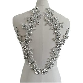 Handmade Rhinestones lace Trim Patches handsewing Beads Applique for Dress DIY Accessories (Silver)