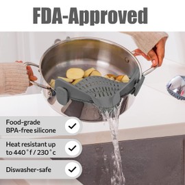 Clip On Strainer, Silicone Food Strainer Hands-Free Pan Strainer，Heat Resistant Silicone， Easily Drain Food， Kitchen Gadgets, Space Saving，Noodle, Food, Gifts for Women, Gray (grey)