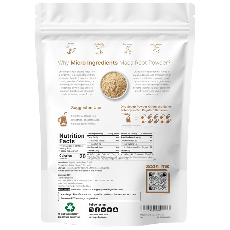 Micro Ingredients Organic Maca Root Powder, 2 Pound, Gelatinized for
