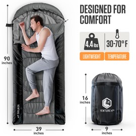 VENTURE 4TH 3-Season XXL Backpacking Sleeping Bag, Camping Sleeping Bags for Adults & Kids - Lightweight, Comfortable, Water Resistant, Ideal for Hiking, Camping & Outdoor – Silver/Gray