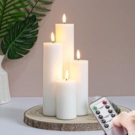 Vtobay Flickering Flameless Pillar Candles with Remote Control and Cycle Timer,White Pack of 4 Battery Operated(Powered by 2AA) LED Real Wax Tall Fake 3D-Wick Electric Candles(D 2.2” x H 4”,6”,8”,10”)