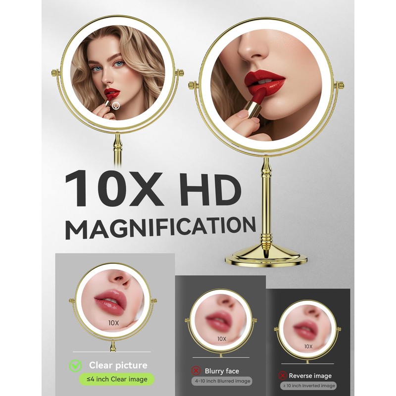 DOWRY 4000 mAh Rechargeable Lighted Makeup Mirror 10x Magnification Vanity