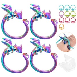4PCS Dragon Crochet Tension Rings and 10PCS Metal Spiral Stitch Markers for Knitting with Storage Box for Knitting Adjustable Dragon Yarn Ring for DIY Crocheting and Sewing Crafts
