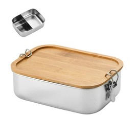 ERFGT Stainless Steel Lunch Box and Lunch Box, Bamboo Stainless Steel Lunch Box, Lunch Box with 3 Compartments, Bamboo Stainless Steel Lunch Box with Compartments, for the Daily Way to Work, School,