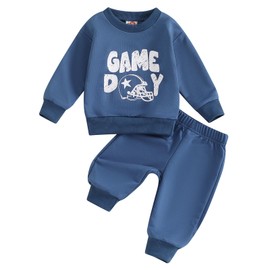 Gaono Toddler Baby Boy Football Outfit 2 Piece Fall Winter Clothes Rugby Print Pullover Sweatshirt And Jogger Set (P-Blue, 6-12 Months)
