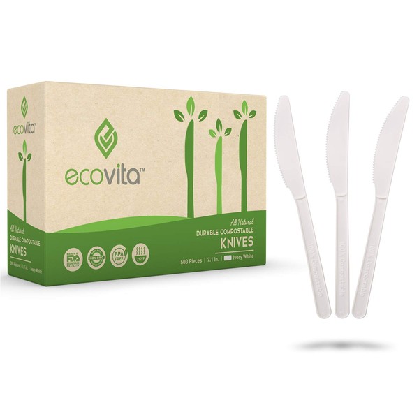 Ecovita 100% Compostable Knives - 500 Large Disposable Utensils (7 in.) Bulk Size Eco Friendly Durable and Heat Resistant Alternative to Plastic Knives with Convenient Tray