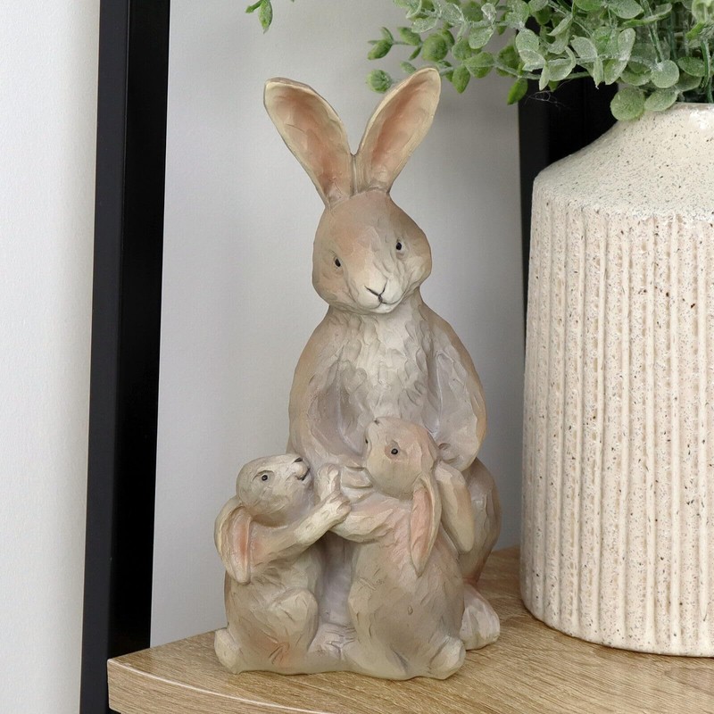 Mummy Hare And Babies Figurine 17cm Rustic Resin Carved Wood