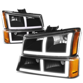 Auto Dynasty 4PCS F-LED DRL Headlights and LED Signal Lamps Compatible with Chevy Avalanche Silverado 1500 2500 3500 2003-2007, Driver and Passenger Side, Black Housing Amber Corner