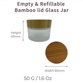 BEECO GIF2U Empty Refillable Frosted Glass Cosmetic Cream Jar 4 Pack 1.6 OZ/50g with Bamboo Lids,Skin Care Travel Containers Pot for Clay Masks,Butter,Body Scrub,Lip Balm, Ointments, Lotion Frost