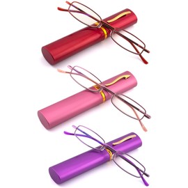 SOPHILY 3 Pack Slim Pocket Reading Glasses for Men Women Blue Light Blocking Compact Readers Spring Hinge Metal Frame Eyeglasses with Portable Pen Clip Tube Case (Red Pink Purple,2.50)