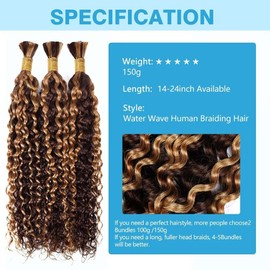 Ombre Human Braiding Hair Water Wave Bulk 150g 18 Inch P4/27 Curly for Boho Braids Extensions No Weft 3 Braids Per Pack Wet and Wavy Highlight